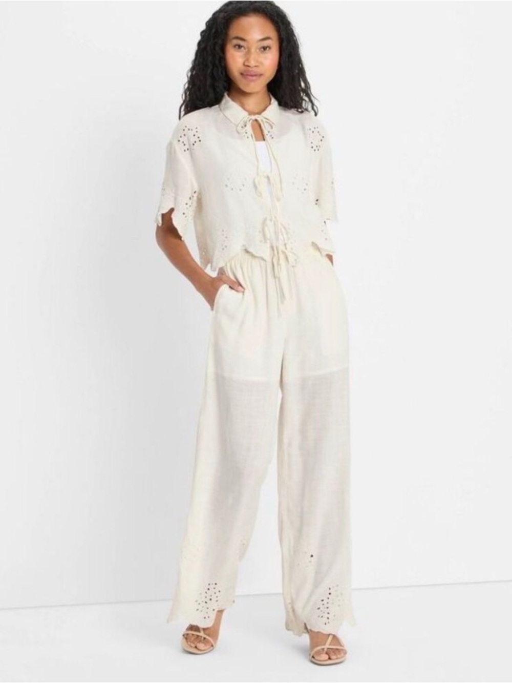 Light Cream Wide-Leg Eyelet pants